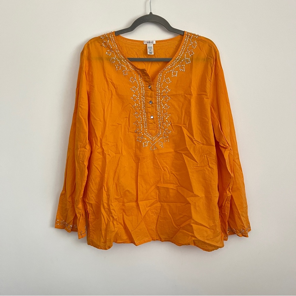 Old Navy Perfect Fit Orange Long Sleeve Tunic Top Sequin Beaded Detail Size XL
